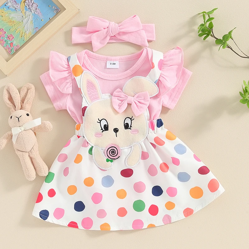 

Infant Baby Girls Summer Outfit Short Sleeve Rompers Dot Print Bunny Dress Headband Newborn Clothes Set