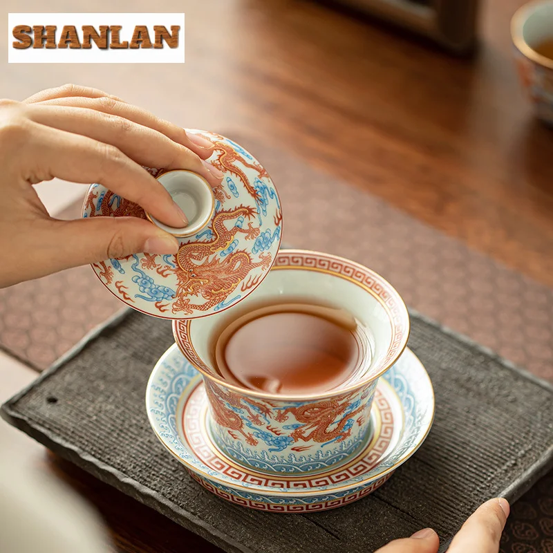 Handmade Jingdezhen Horseshoe Cover Bowl Alum Red Blue And White Teacup Chinese Dragon Tea Tureen Brewing Gaiwan Kung Fu Teaware