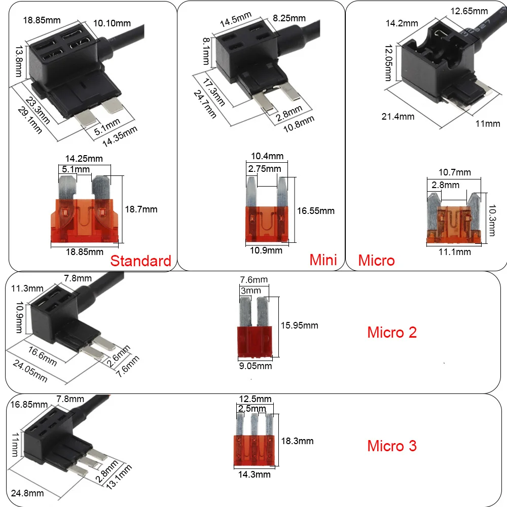 Auto suporte do fusível do carro, adaptador da torneira, ATM Micro, 2  terminais da lâmina, caixas da caixa do motor, 5V, 12V, 24V, 32V, 14, 16  AWG fio Piggy, 5Pcs