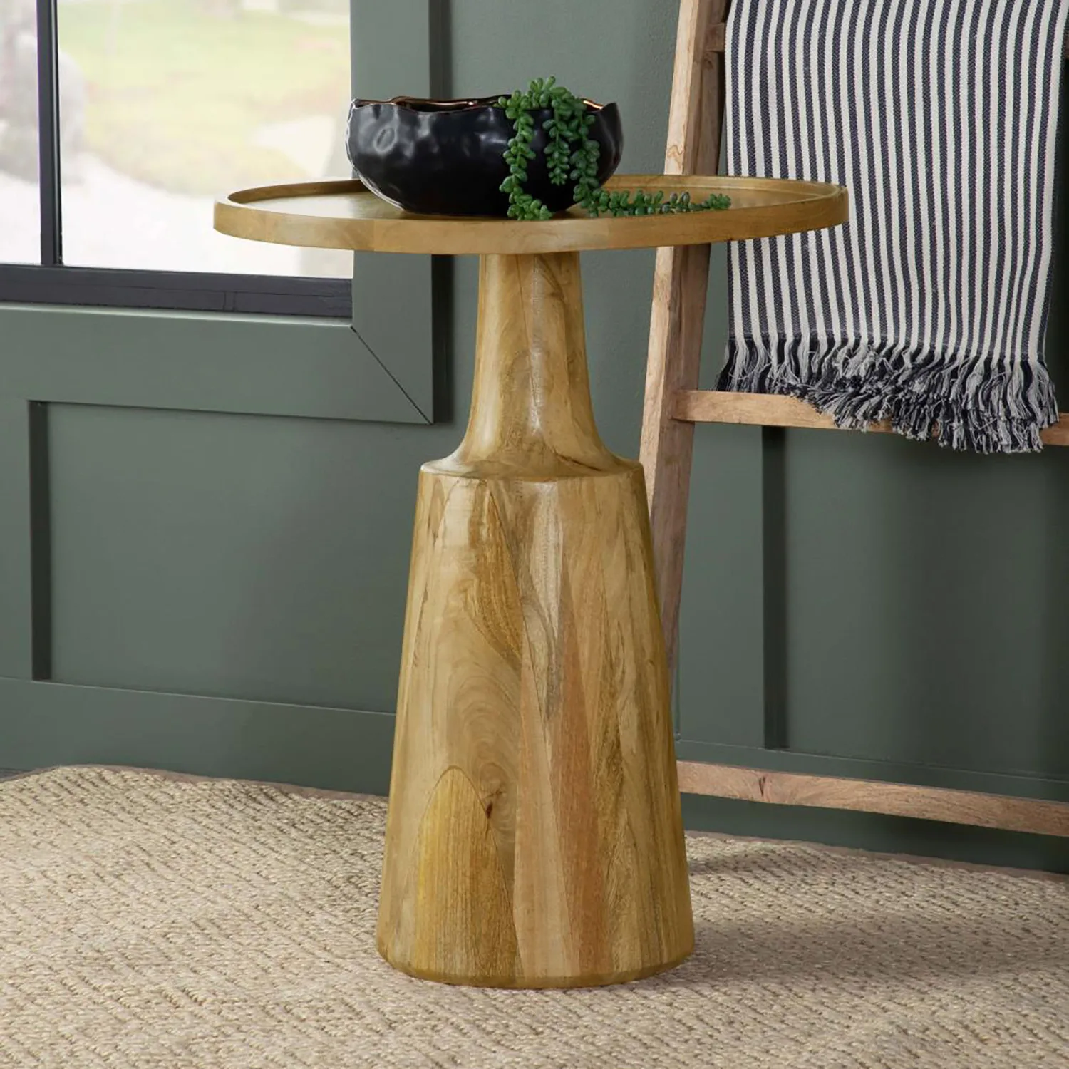

Elegant Natural Wood Pedestal Accent Table with Rustic Charm and Distinctive Details for Living Room or Entryway Décor makeup