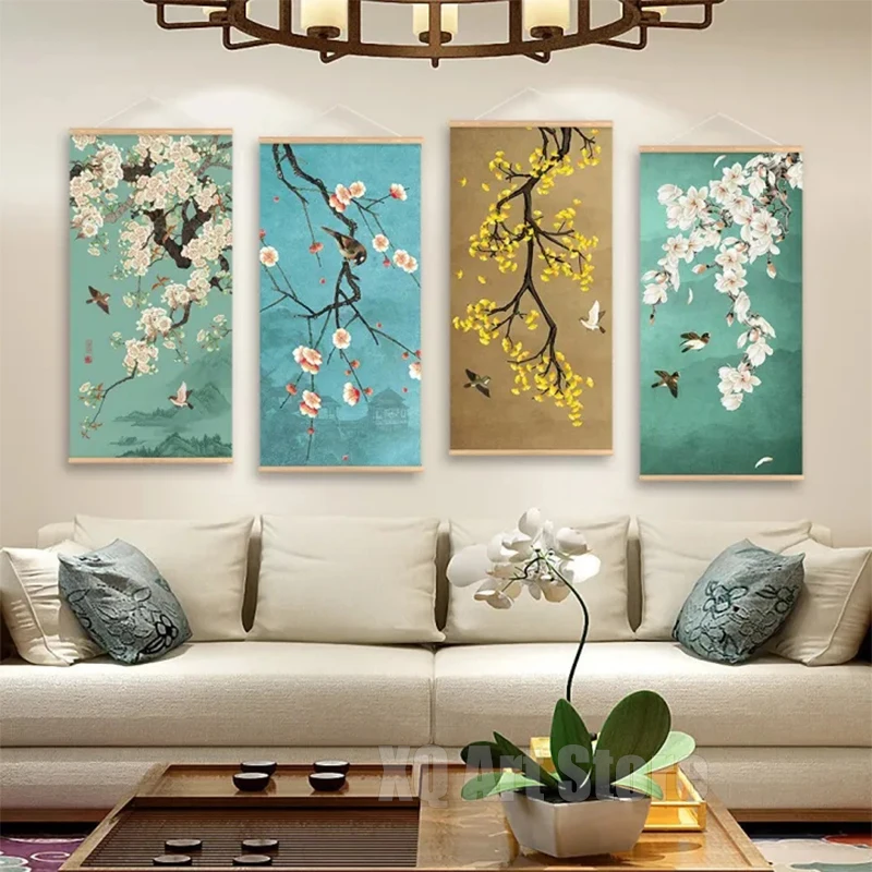 

Vintage Chinese Art Plum Blossom Bird Canvas Picture Landscape Ink Paintings Canvas HD Posters Home Living Room Decor Frameless