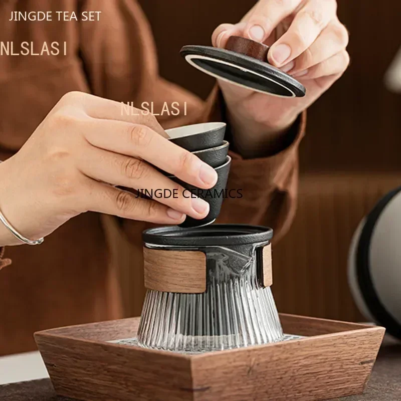 Exquisite Ceramic Outdoor Travel Tea Set One Pot Three Cups Storage Bag Set Portable Tea Pot and Cup Set Zen Tea Infuser