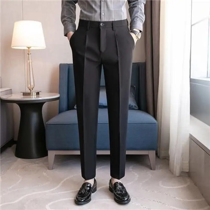Spring and Autumn Fashion Casual Business Korean Edition British Style High Waisted Slim Fit Dark Striped Cropped Suit Pants