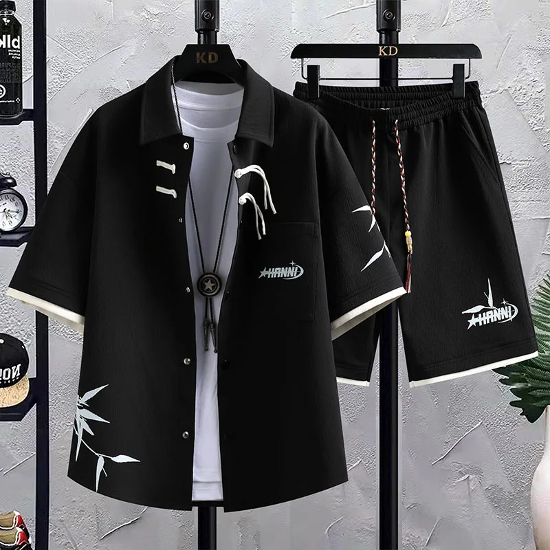 Summer New men's Printed Shirt Sets High quality Fashion Trend Shirt Shorts 2Piece Suit 3