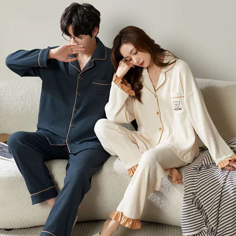 Couple Pajamas Men and Women Cotton Sleepwear Turn-down Collars Long Sleeve Pants Pyjama Sets Solid Autumn Winter Nightwear Suit