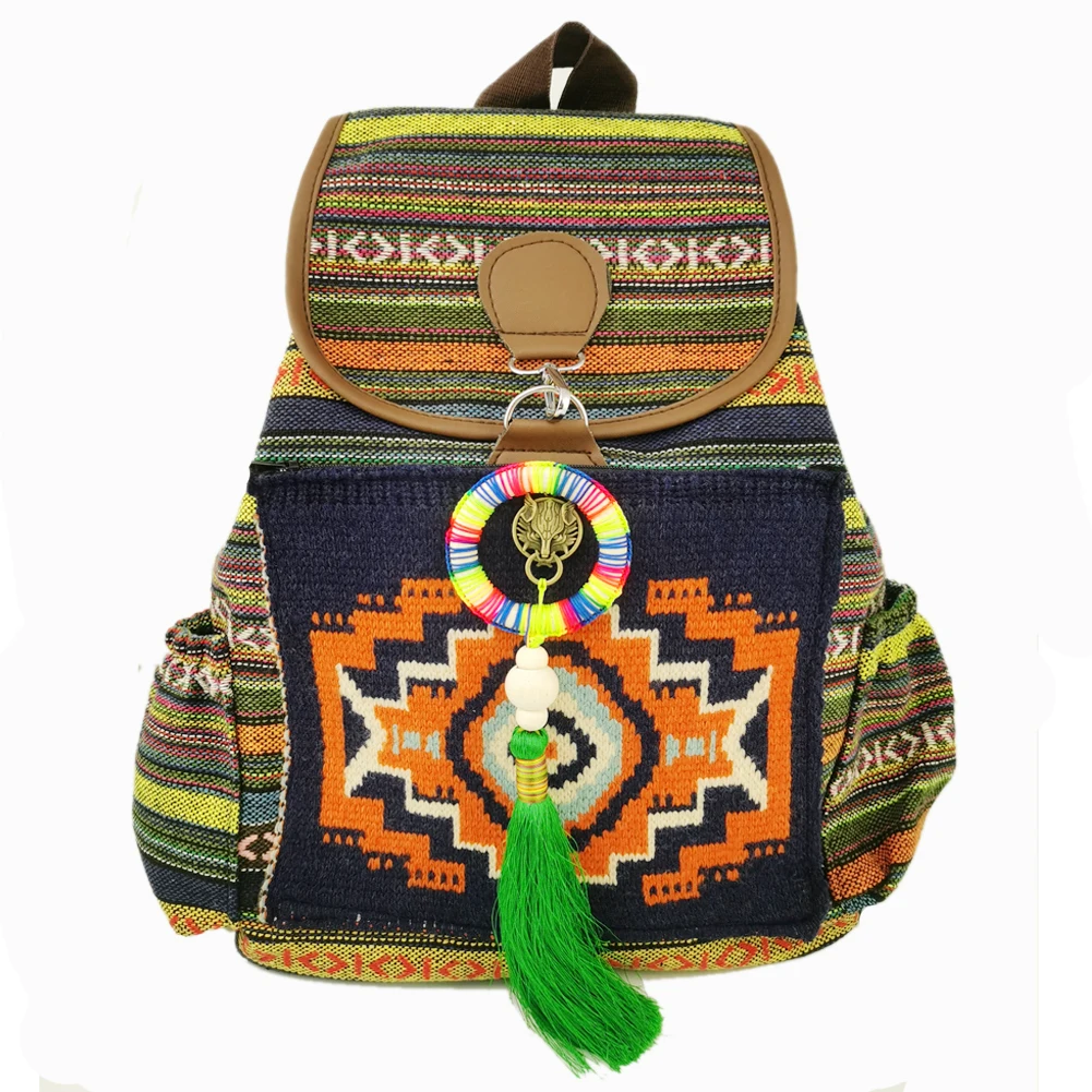 Tribal Vintage Hippie Colorful Travel Backpack Bag For Women Embroidery Pom  Charm Hmong Ethnic Bohemian Boho Rucksack SYS-593