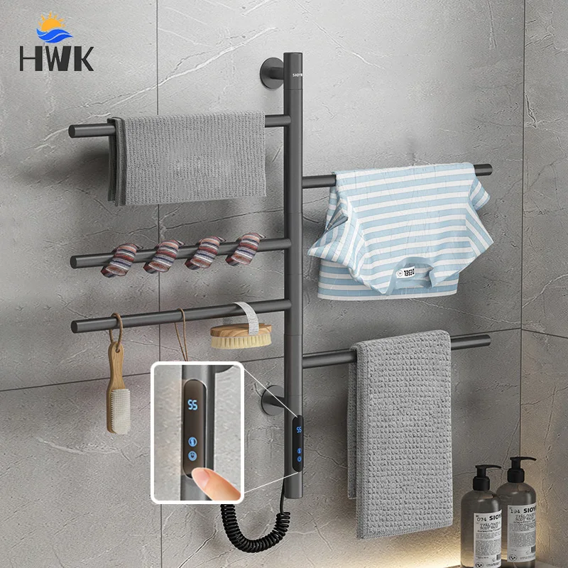 เครื่องอุ่นผ้าเช็ดตัวสีดํา/ขาว/เทา ราวแขวนผ้าเช็ดตัวไฟฟ้าสแตนเลส180 °   ราวแขวนผ้าไฟฟ้าแบบหมุนได้ หม้อน้ําผ้าเช็ดตัวไทม์มิ่ง 1