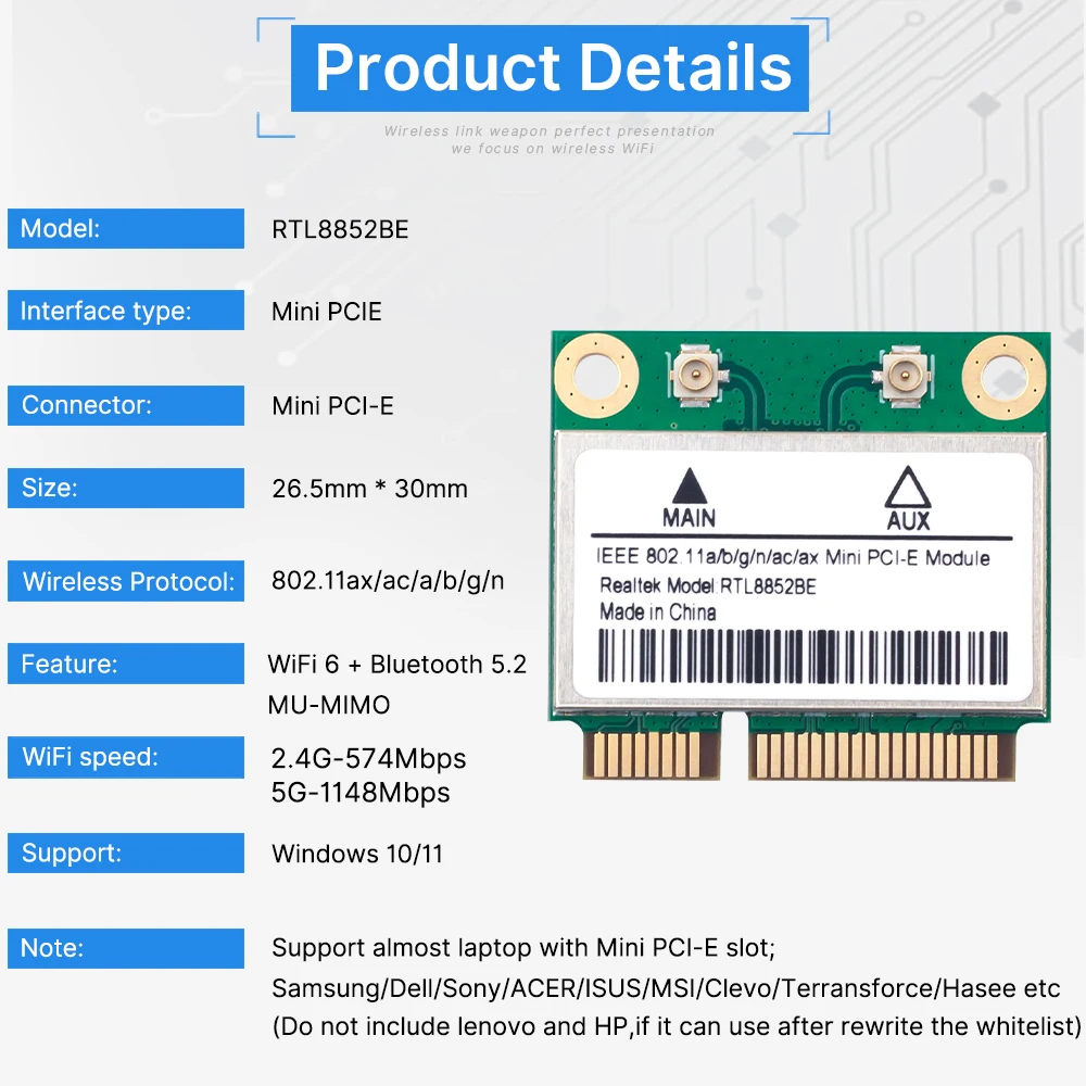 RTL8852BE WiFi 6 네트워크 카드 Windows 10 PCIe용 1800Mbps BT 5.2 듀얼 밴드 무선 MiniPCIe 802.11ax/ac 2.4G/5GHz MU-MIMO