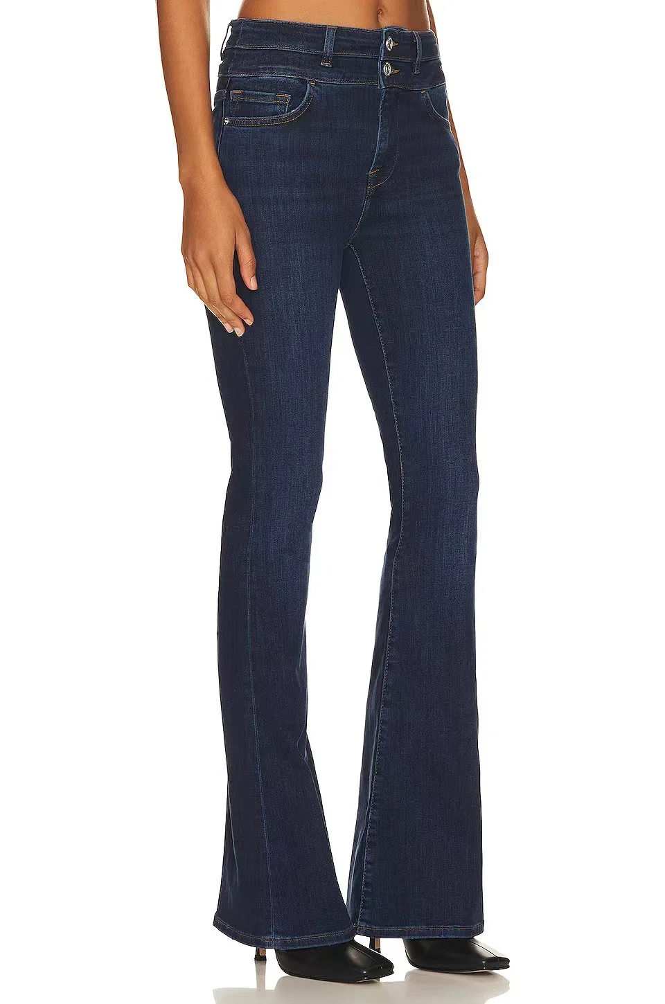 Early Spring New European and American Fd Same High Waist Double Dark Blue Slim Horn Trousers Women