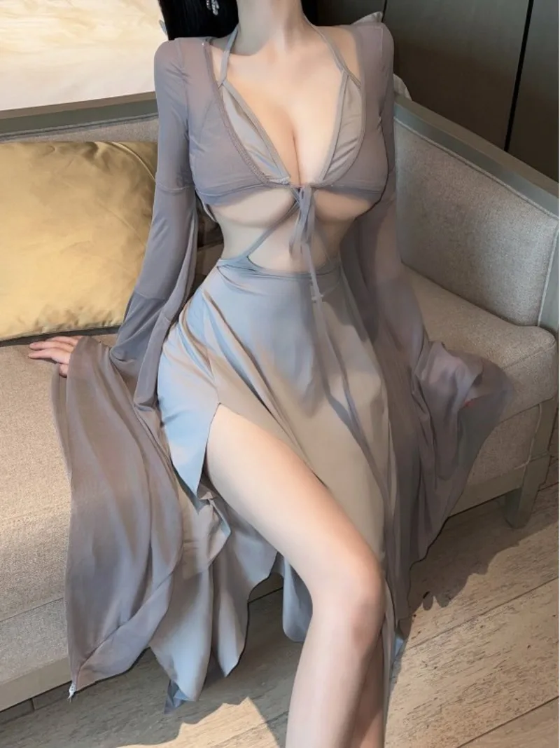 

WOMENGAGA Gray Fairy Dress Robe Bandage V Neck Sexy Spicy Girl Beach Resort Long Dress Elegant Auutmn Fashion Women Tops Z8QN