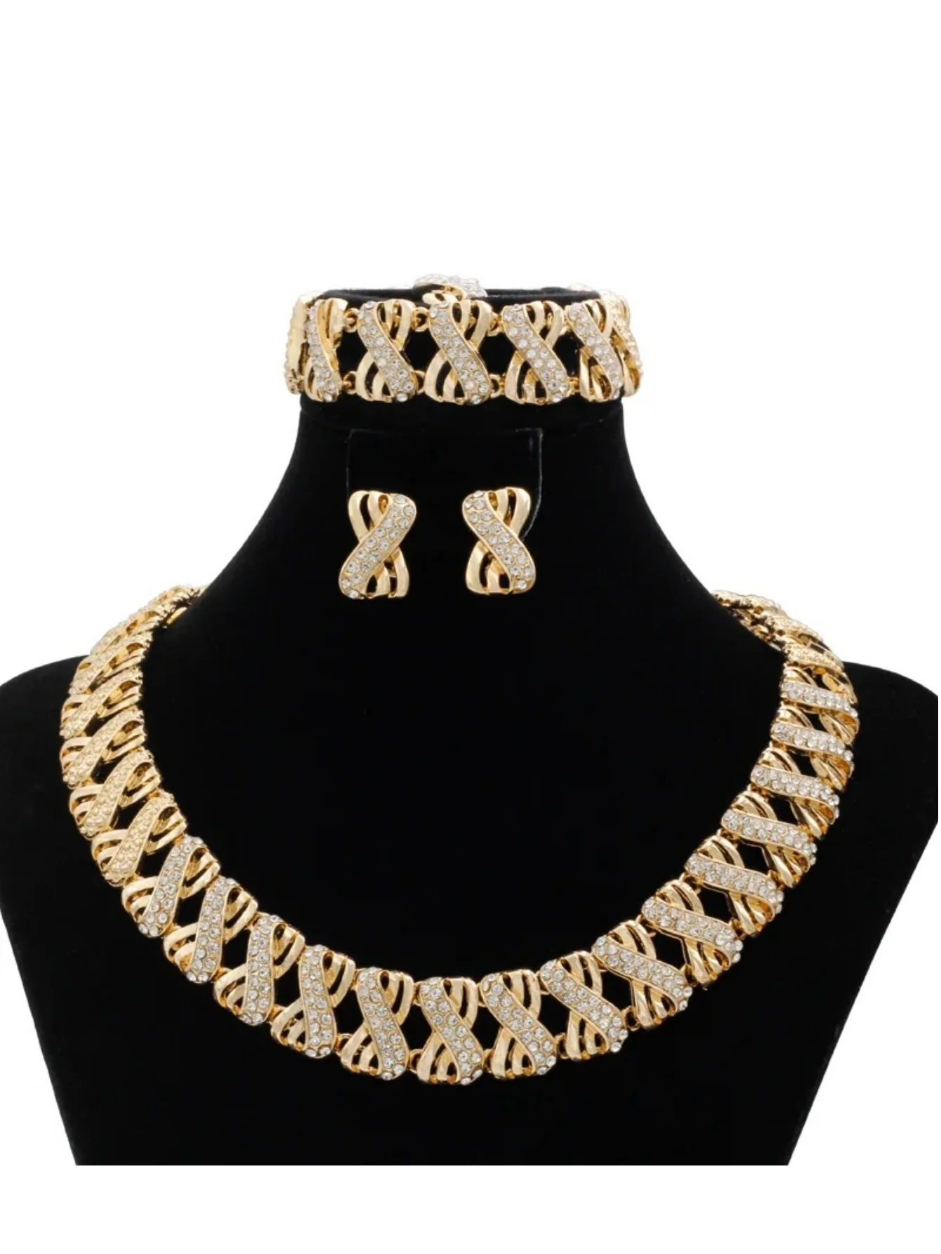 5 Piece Traditional Bridal Jewelry Set 18k Gold Plated Stylish Bow Infinity Design with Rhinestones to match your everyday outfi - Image 2