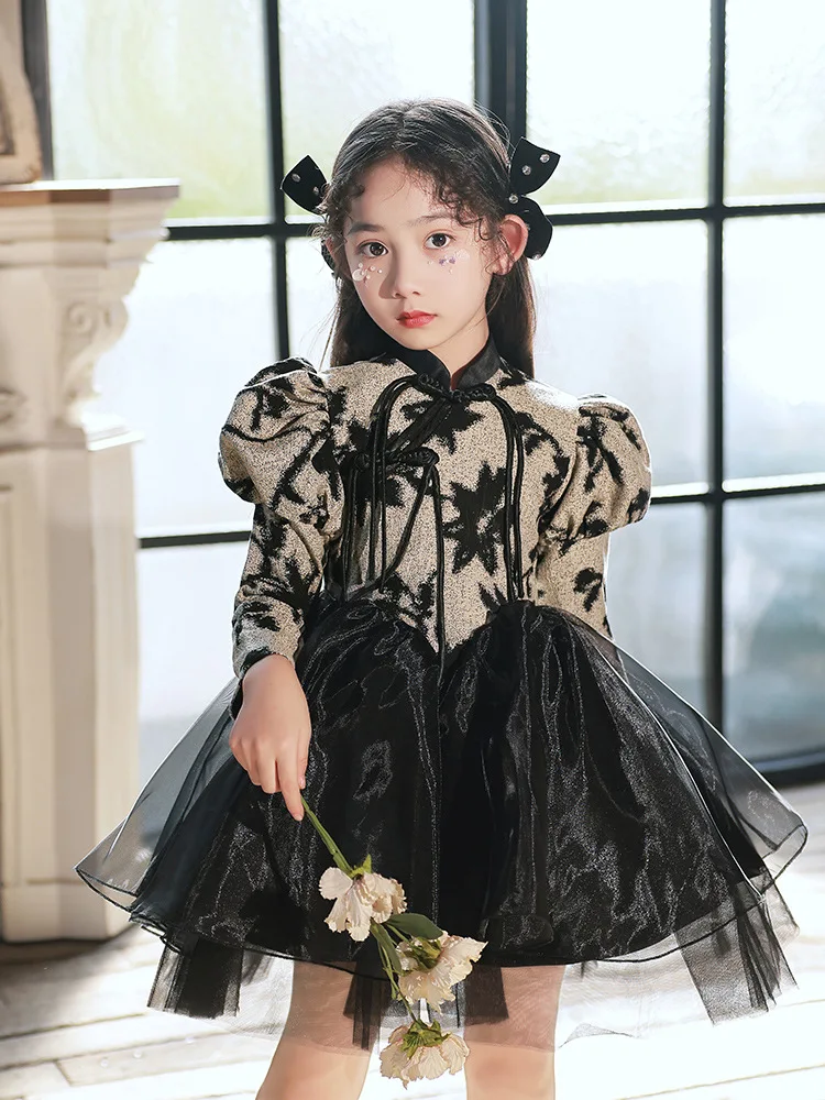 2022 New Kids Dresses Girl Elegant Long Prom Black Embroidery Tulle Gowns  Children Stage Dress 8 Grade Graduation Dresses Summer