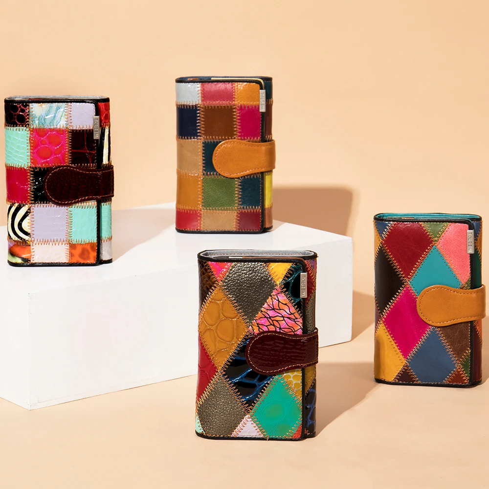 Bolso de mano Westal para mujer, carteras cuadradas de retales de cuero, billeteras de colores aleatorios, monedero Vintage, monederos para mujer, billeteras para tarjetas