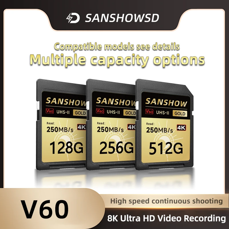 thumbnail image 4 of Tarjeta SD V60, UHS-II, U3, velocidad de lectura 250 MB/s, velocidad de escritura 150 MB/s, 128/256/512 GB, tarjeta de memoria de alta capacidad para video RAW 4K 8K, 4 of 5