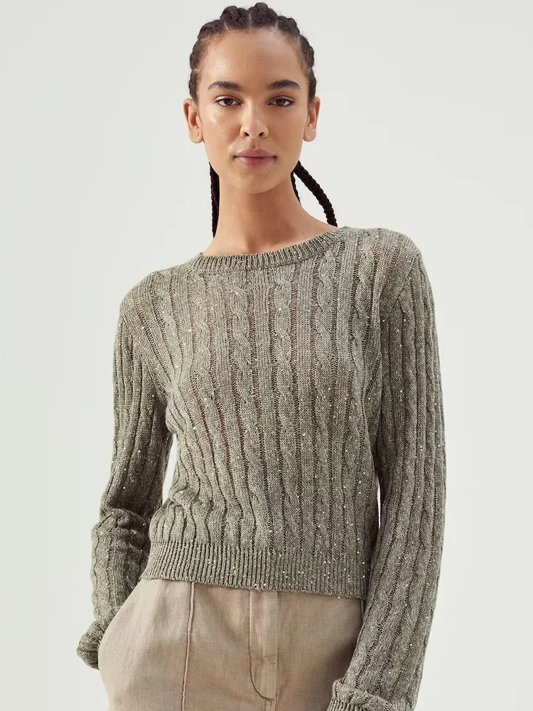 2023 Primavera Autunno Donna Bead Hollowing Out O-Collo Pullover Maglioni Donna Casual Maglieria Paillettes Hollow Top Lavorati A Maglia