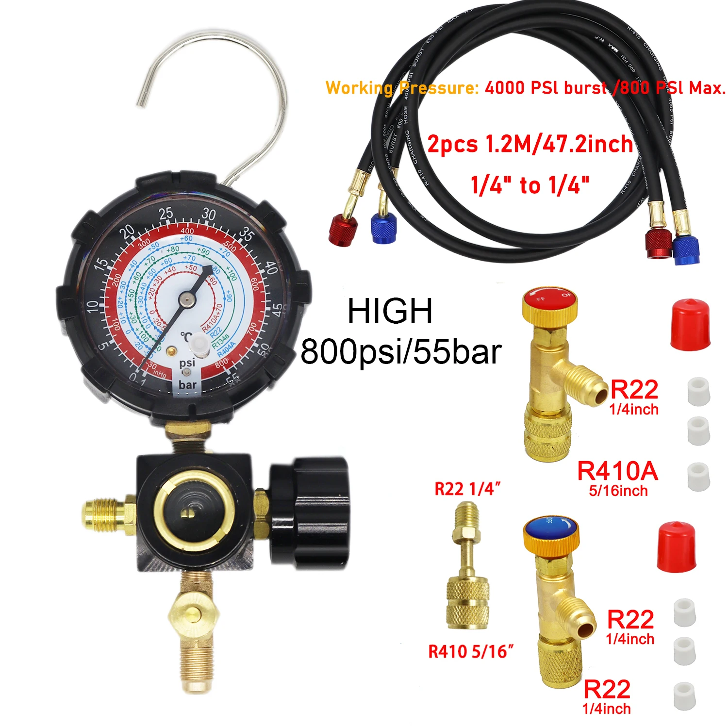 A/C Manifold Gauge Set With G1/4 Ports – Low Pressure HVAC Gauge For Refrigerants R22, R410A, R134A, R407C, Includes Sight Glass