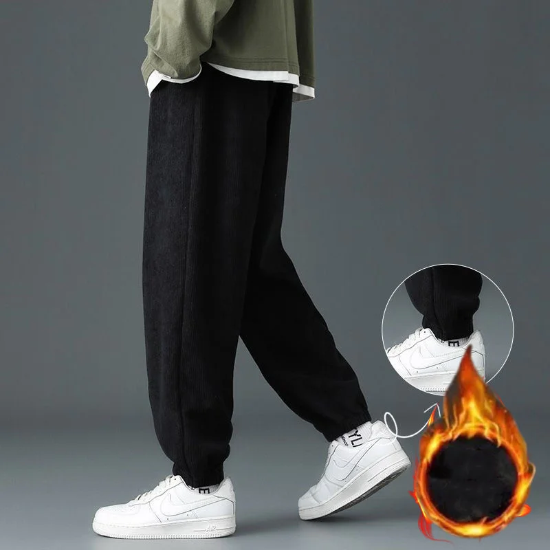 Autumn Winter New Corduroy Casual Pants Men Solid Drawstring Waist Fashion Warm VersatileTrend Versatile Loose Sports Trousers