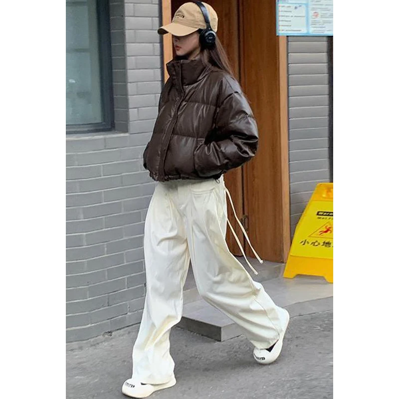 2024 New Autumn Winter Leather Parkas Women Fashion Stand Collar Coats Women Elegant Elastic Cuffs Padded Jackets Female Ladies