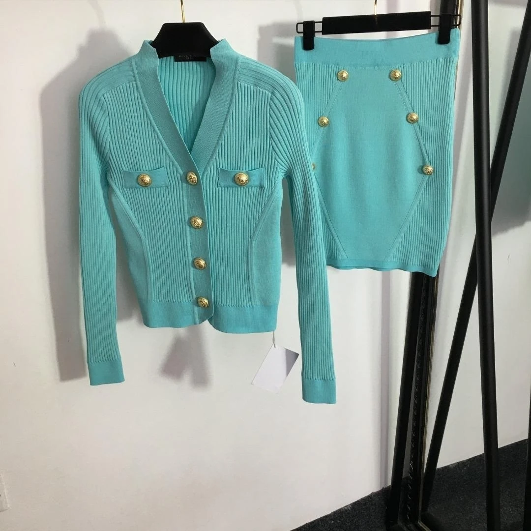 

2023 Latest Customized Large Gold Button V-Neck Long Sleeve Knitted Cardigan Top+Slim Fit Design High Waist Short Skirt Set