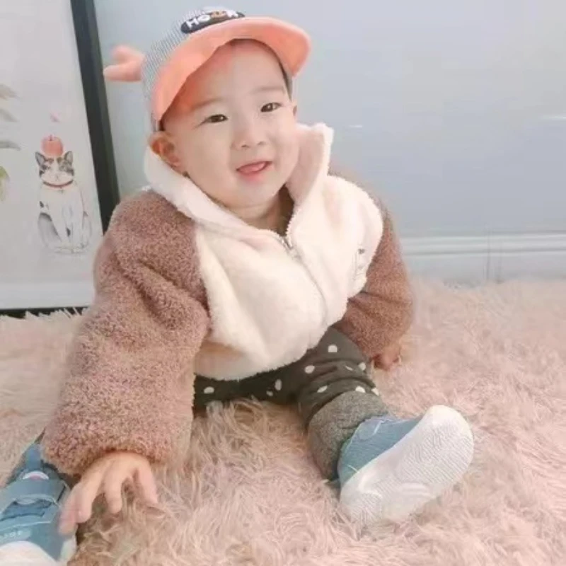 Kids Jackets 1-9 Years Plush Girls Jacket Autumn Winter Warm Boys Coat Hooded Zipper Fashion Outerwear Fleece Kids Clothes
