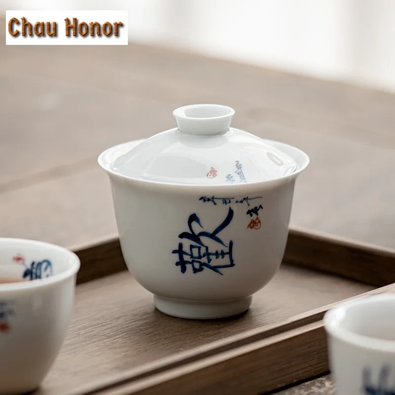 180ml White Porcelain Tureen Single Hand Painted Calligraphy Covered Bowl Tea Cup Tea Making Bowl Cup With Cover Kung Fu Tea Set