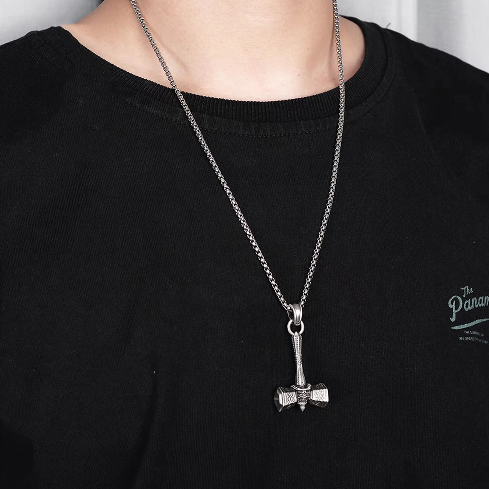 Men's Viking Necklace, Thor's Hammer Stainless Steel Jewelry, Nordic Rune Pendant Sweater Chain