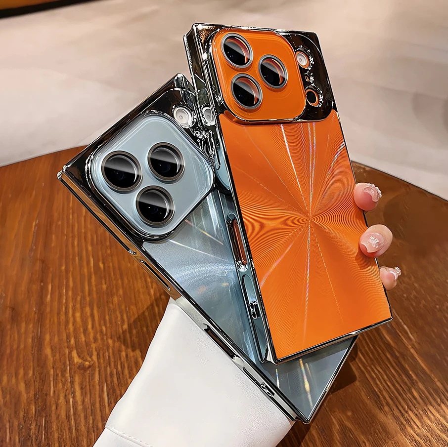 Luxury Plating CD Texture Square Armor Phone Case with Crystal Lens Glass and Shockproof Cover