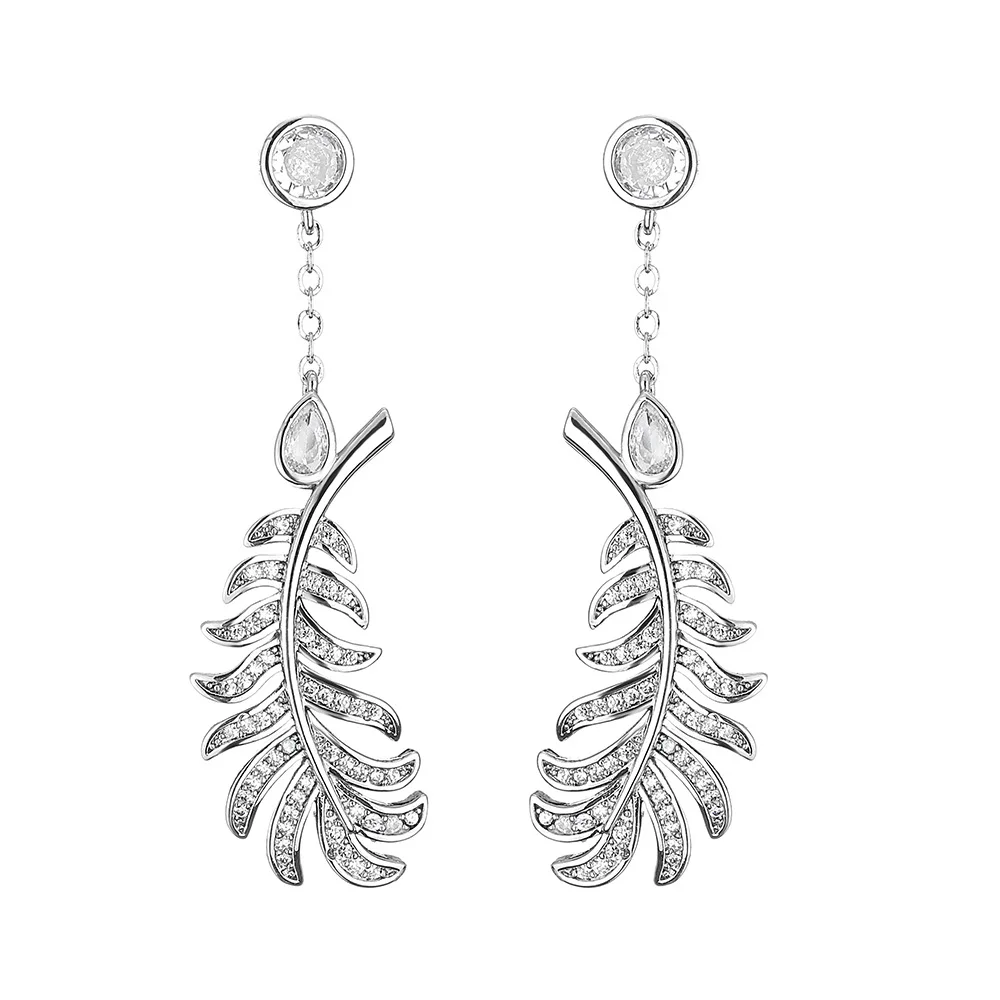 

Women 925 Sterling Silver Feather Tassel Dangle Earrings Bright Cubic Zirconia Gold Plated for Bridal Party Wedding Jewelry