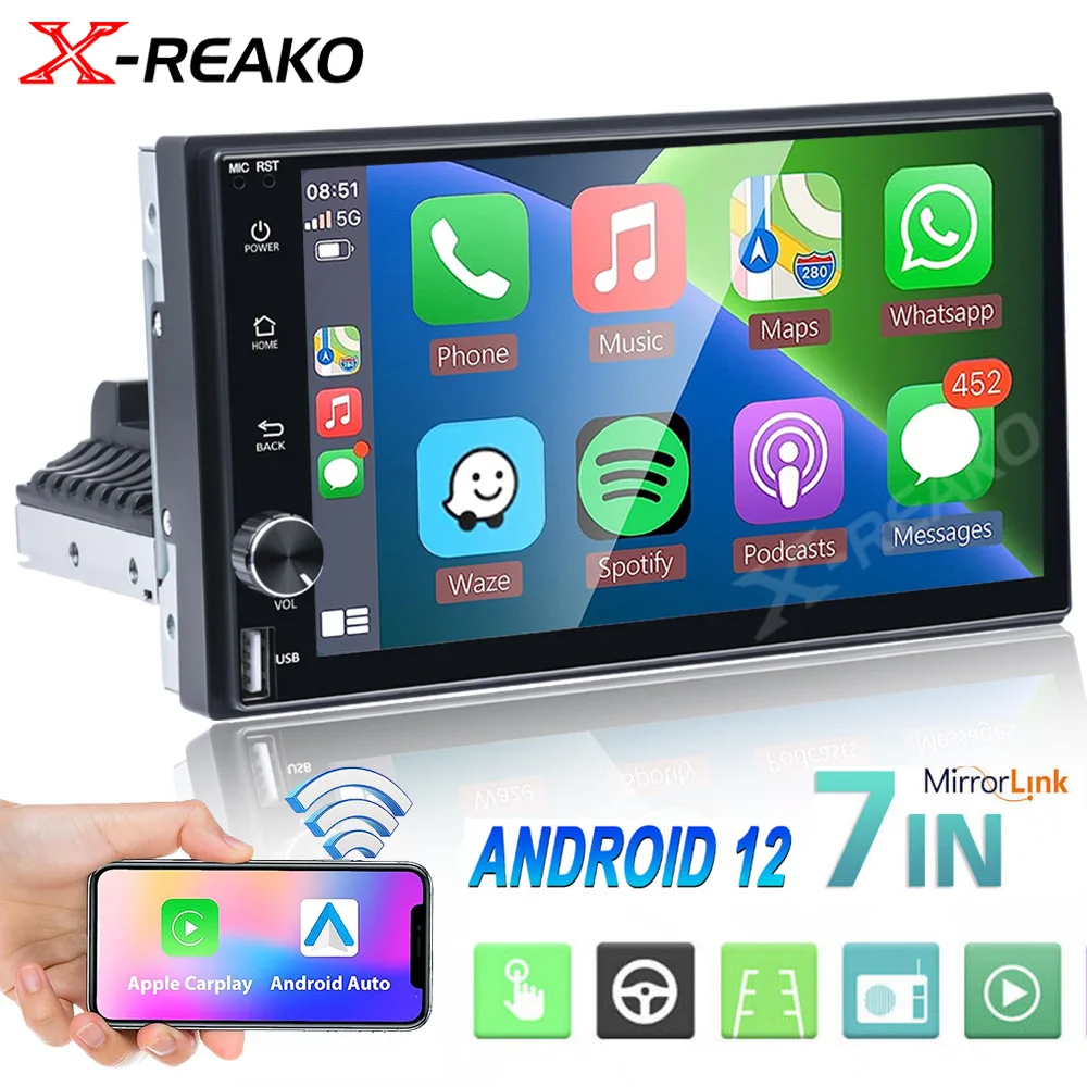 

X-REAKO 7 INCH 1 Din Android 12 Multimedia Playe HD Touch Screen Carplay 2+32G Stereo Video GPS WiFi Universal 1din Auto Radio