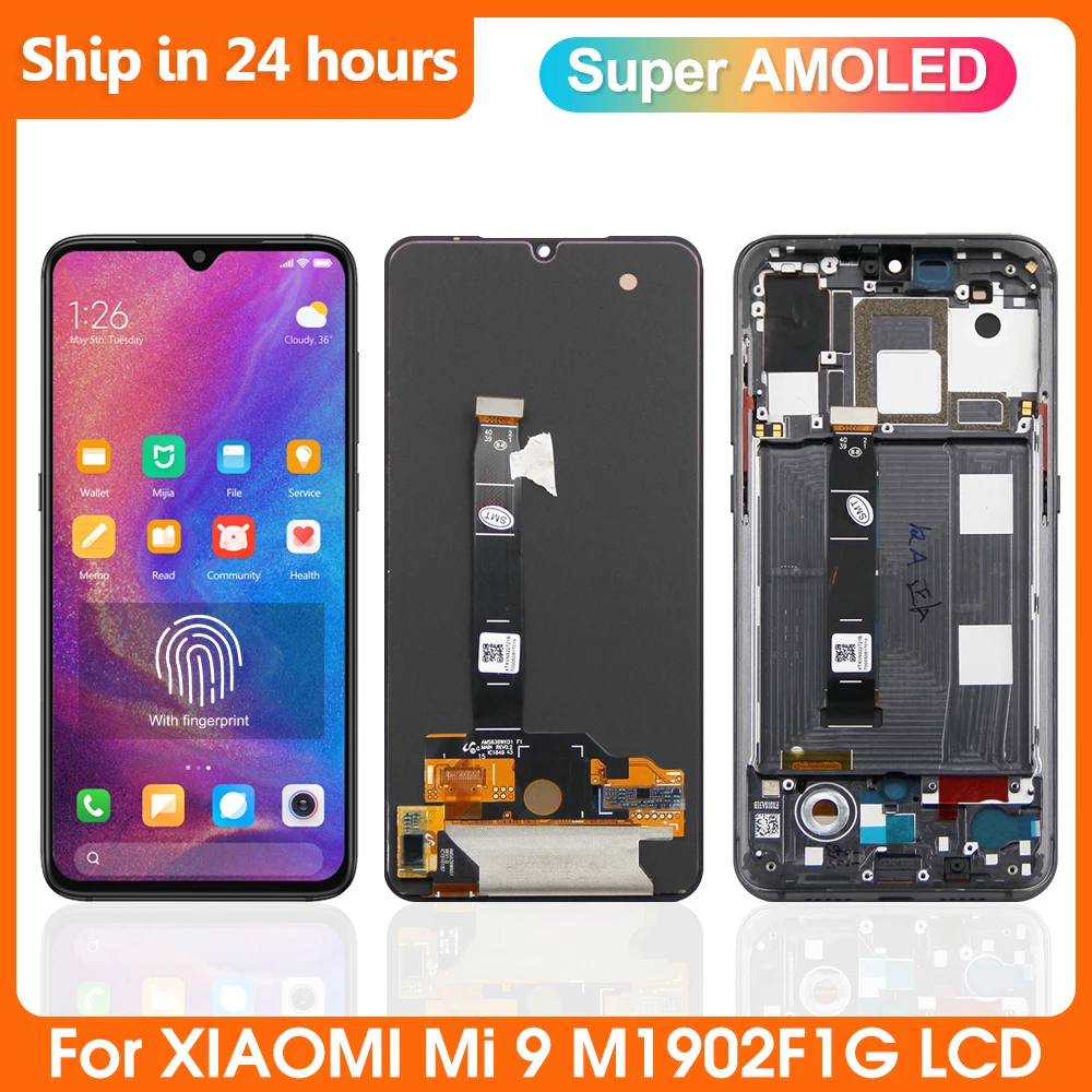 

6.39" AMOLED For Xiaomi mi 9 LCD Display Touch Screen Digitizer Assembly Replacement For Xiaomi mi9 M1902F1G lcd, with frame