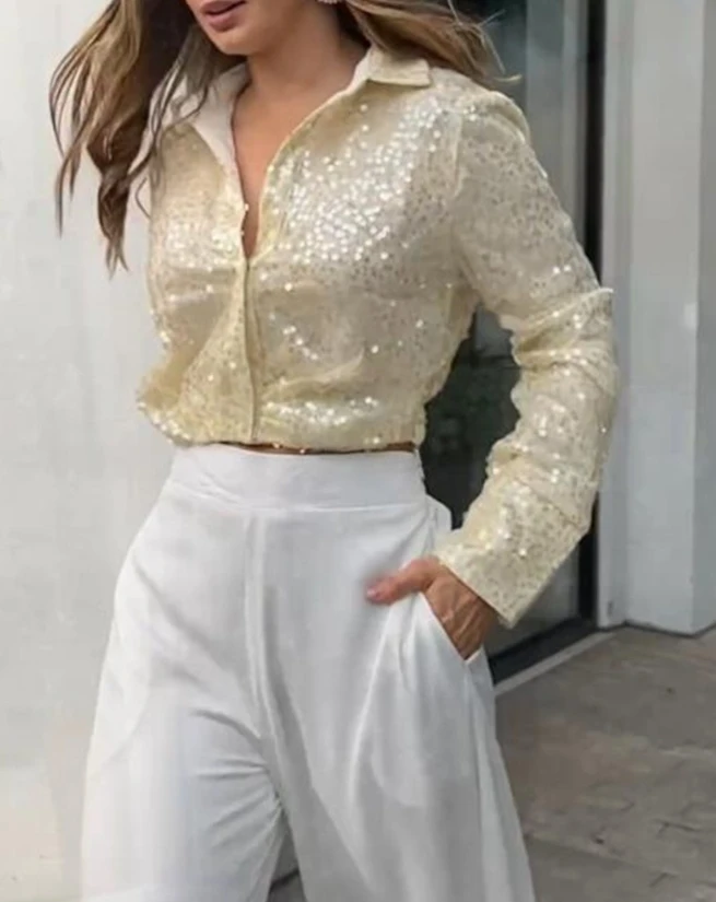 

Fashion Woman Bloom 2024 Early Spring Latest Allover Sequin Long Sleeve Crop Casual Turn Down Collar Versatile Trend Daily Top