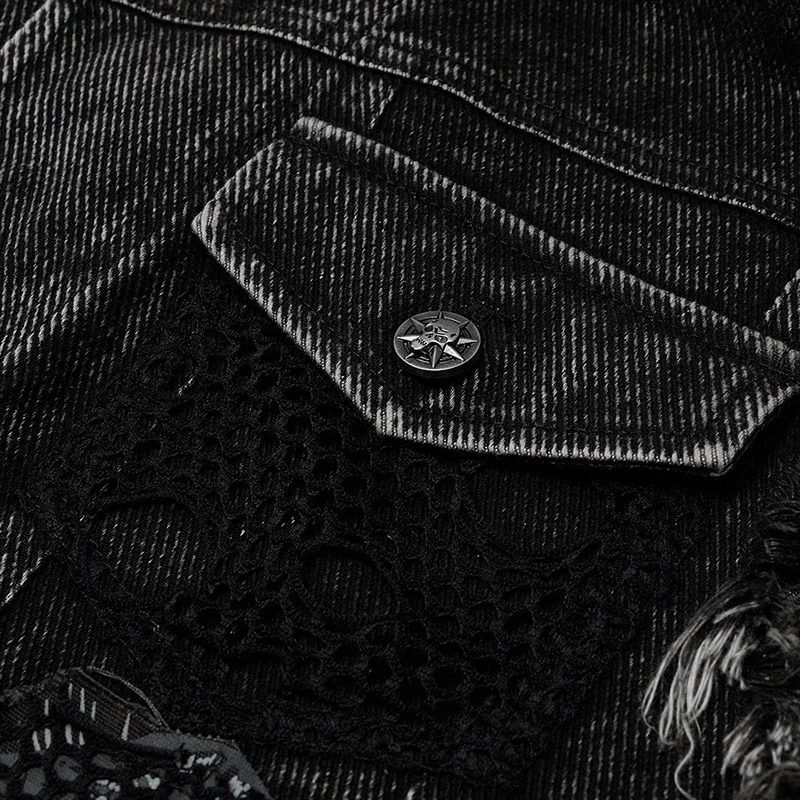 PUNK RAVE Men's Punk Daily Wear Decadent Broken Vest Distressed Turn Collar Casual Denim Waistcoat Streetwear 6
