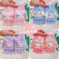 Anime Cartoon My Melody Hello Kitty Kawaii Kuromi Sanrio Golves Winter Warm Flap Open Half Finger Children's Gloves Girls Gift 1