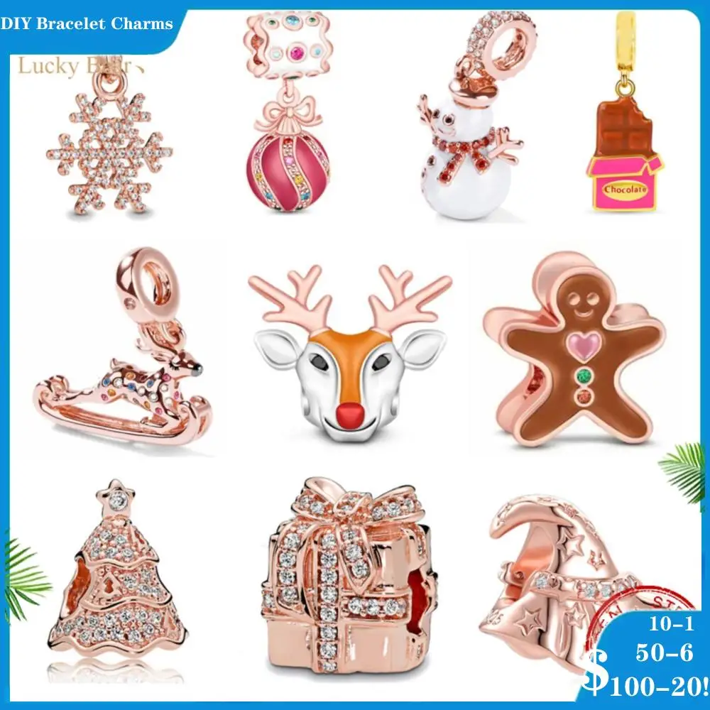 

New Silver 925 Charms Christmas Snowman Gift Biscuits Elk DIY fine beads Rose Gold Charm Fit Original Pandora Charm Bracelet