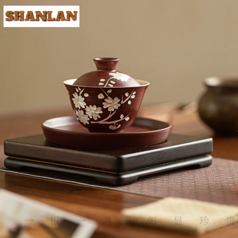 Handmade Hawthorn Red Gaiwan Creative Silver Plum Blossom Tea Tureen Tea Making Cover Bowl Pitcher Teaware Collection Gifts
