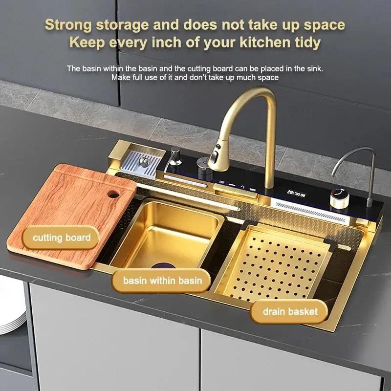 Luxury Black Golden Smart Waterfall Kitchen Sink Integrated Multifunction Digital Display Set Stainless Steel Large Single Slot 3