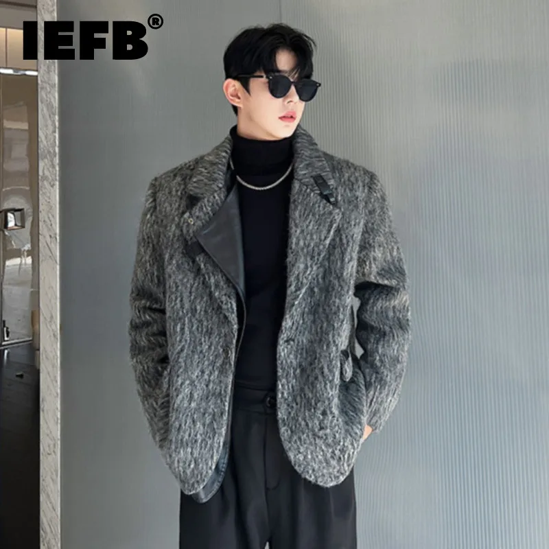 

IEFB Korean Style Woolen Patchwork Suit Jacket For Men Fashion Vintage Loose Blazers Elgance Male Autumn Winter Outerwear 9C3364