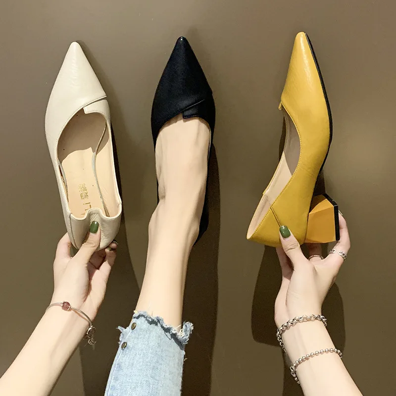 Fashion Solid Color Women's Pumps Shoes  Pu Pointed Toe Office Work Ladies High Heel Female Slip on Casual Shoes 2