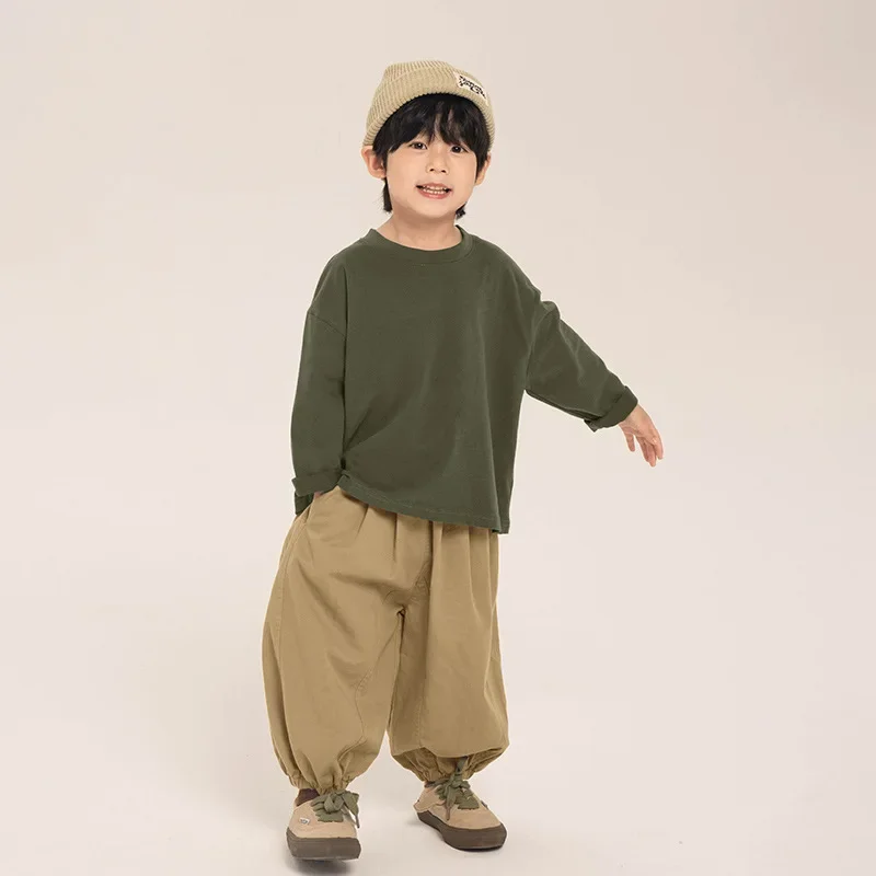 

T-shirt Boys Long Sleeved Autumn New Children Solid Color Undershirt Baby Cotton Tops 2023 Round Collar Soft Casual