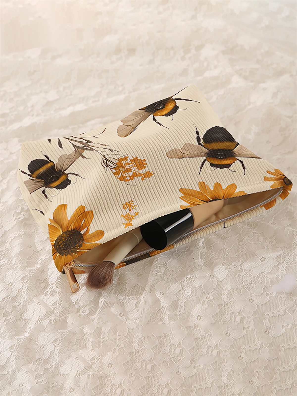 1 bee and flower patterned corduroy makeup bag, lightweight zipper makeup storage box, multifunctional bag with lining