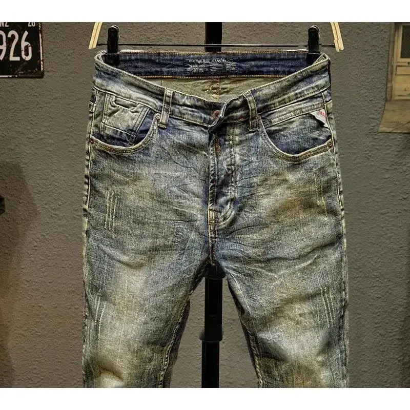 Men's Spring Autumn Casual Slim Jeans Pencil Pants Ripped Distressed Korean Vintage Retro Brand Beggar Trousers