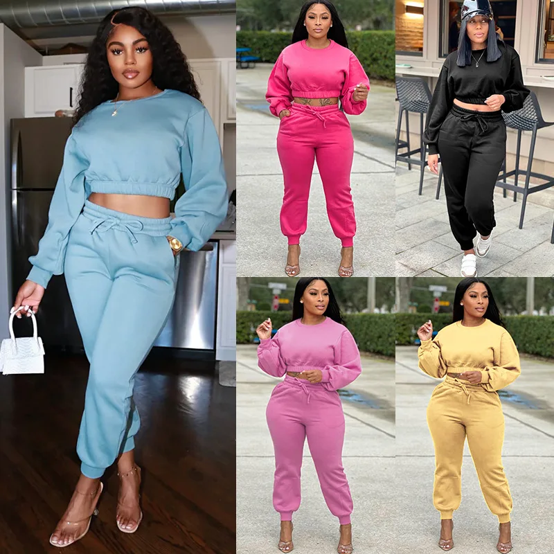 Fall Winter Solid Fleece Two Piece Set 2023 Women Tracksuits Women Long Sleeve Pullover Sweatshirts Crop Tops Pants Jogger Suits