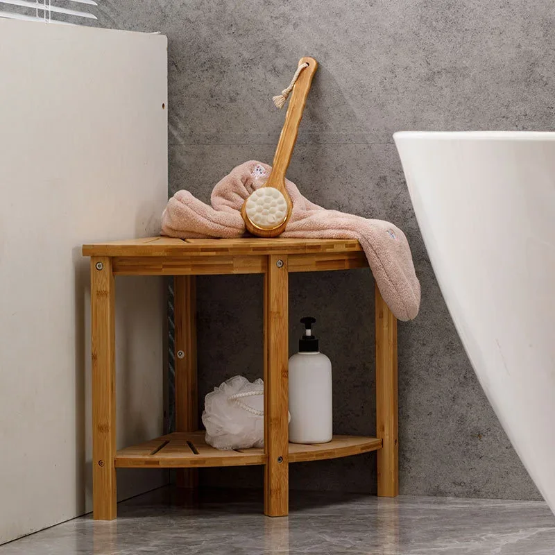 Bamboo And Wood Bathroom Corner Stool For Shower Triangle Multifunctional Storage Shelves Home Shower Cabin Chair