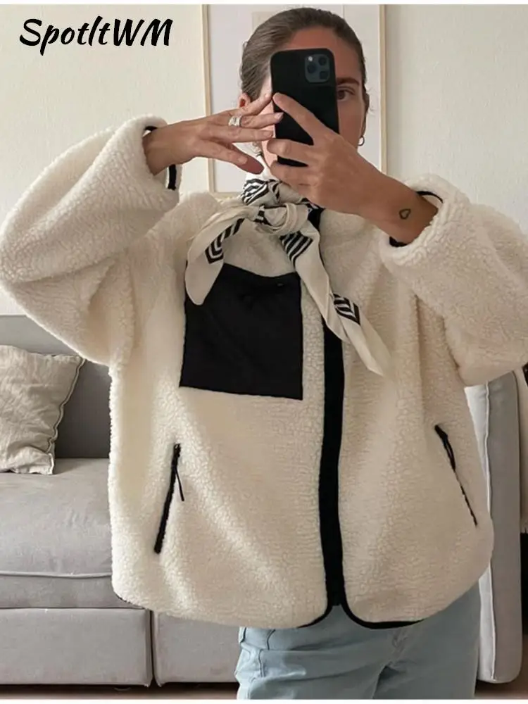 

Women Patchwork Plush Warm Coat Fashion High Neck Zipper Pockets Thick Coats Autumn Winter 2023 Female Fashion Street Outerwear