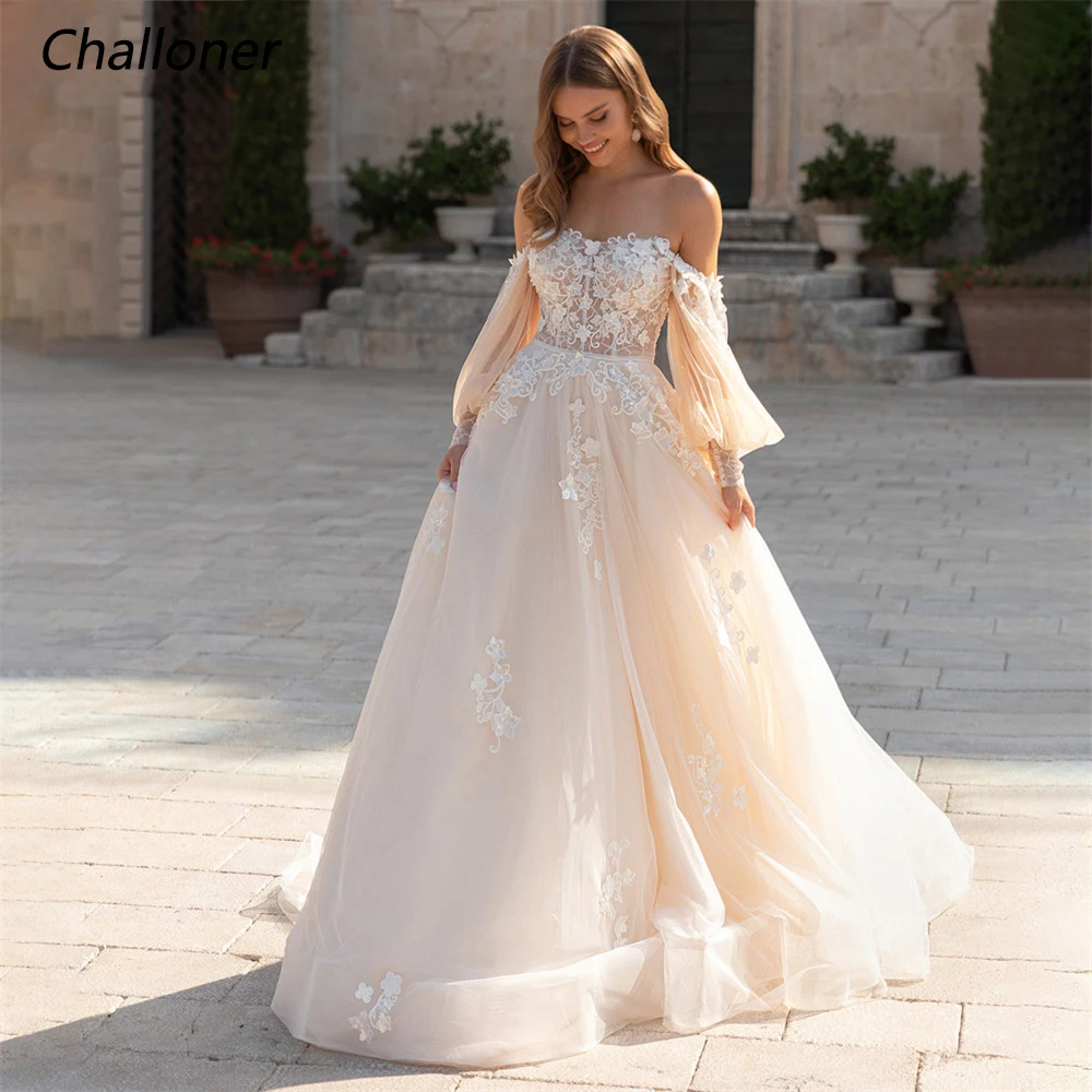 

Challoner Elegant Wedding Dress Strapless Long Puff Sleeves Lace Applique Backless Bridal Gown Floor Length Vestido De Novia New