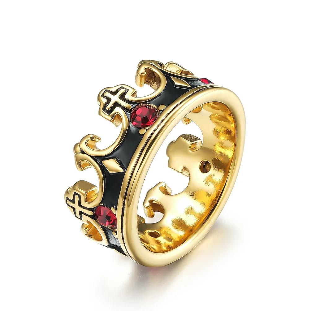 Oakky Stainless Steel Crown Cross Ring – Cubic Zirconia Inlaid Vintage Design, Unisex Ring For Men & Women