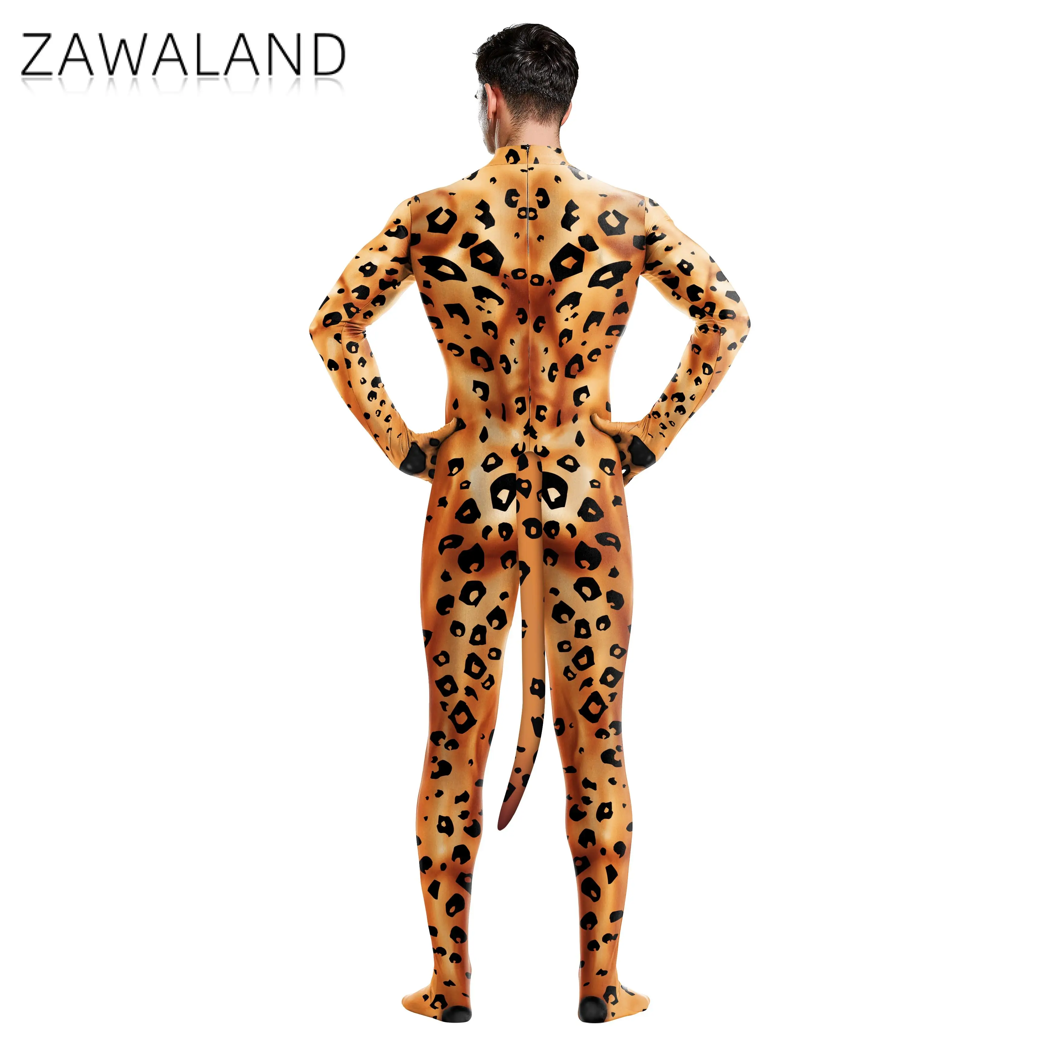 Adult Cosplay Zentai Suit Spandex Bodysuit Muscle Suit Leopard 3D Printed Long Sleeve Tight with Tail cosplay costume adult unitard