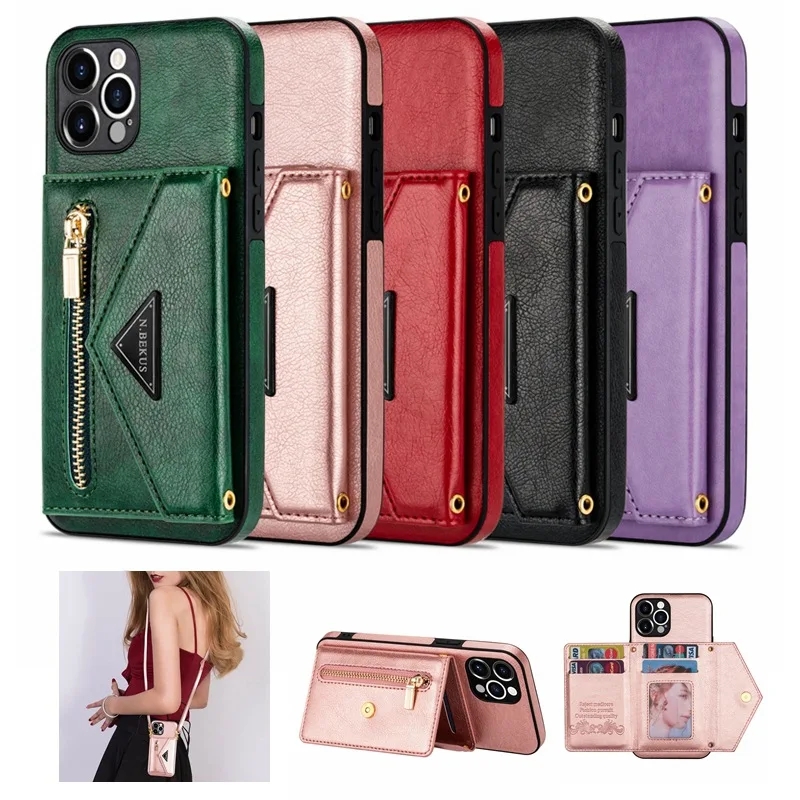 

Wallet Shoulder Strap Phone Case for iPhone 15 Pro Max 14 13 12 11 Pro Max 15 Plus 13 Pro Leather Card Pocket Lanyard Back Cover