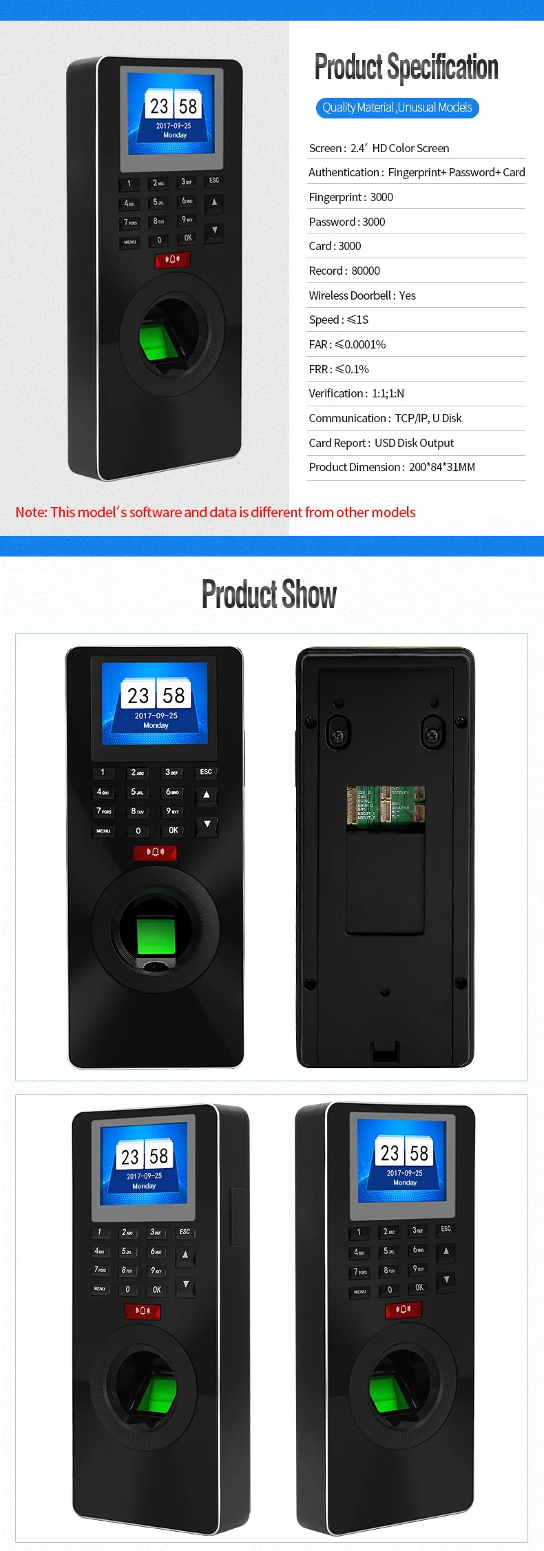 2.4Inch TFT Monitor FP18 Fingerprint Password ID Card Time Attendance Machine and Access Control System