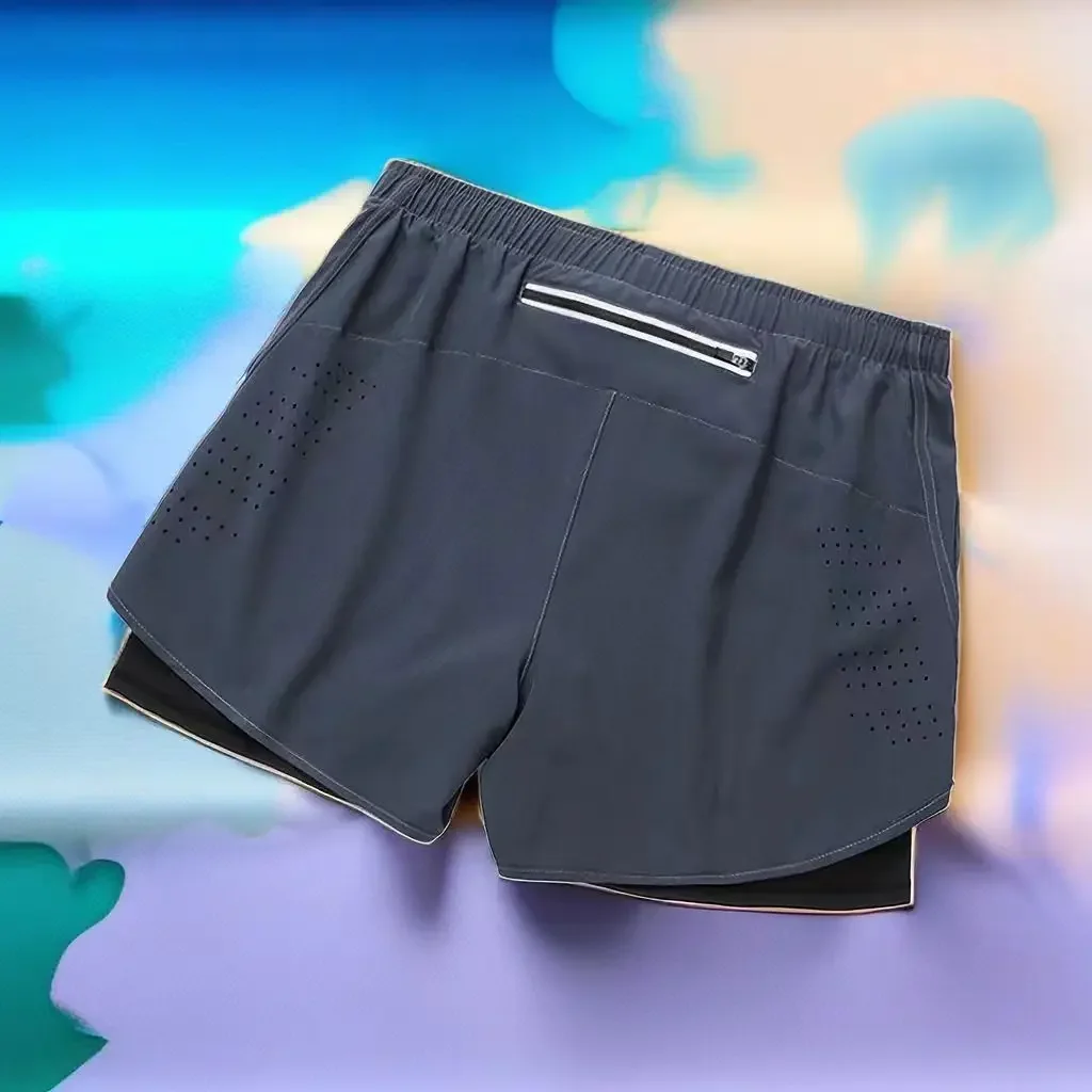 Men's Running Shorts Quick Dry Breathable Inner Lining Fake Two Layers Fitness Gym Three Quarter Length Pants Sportswear